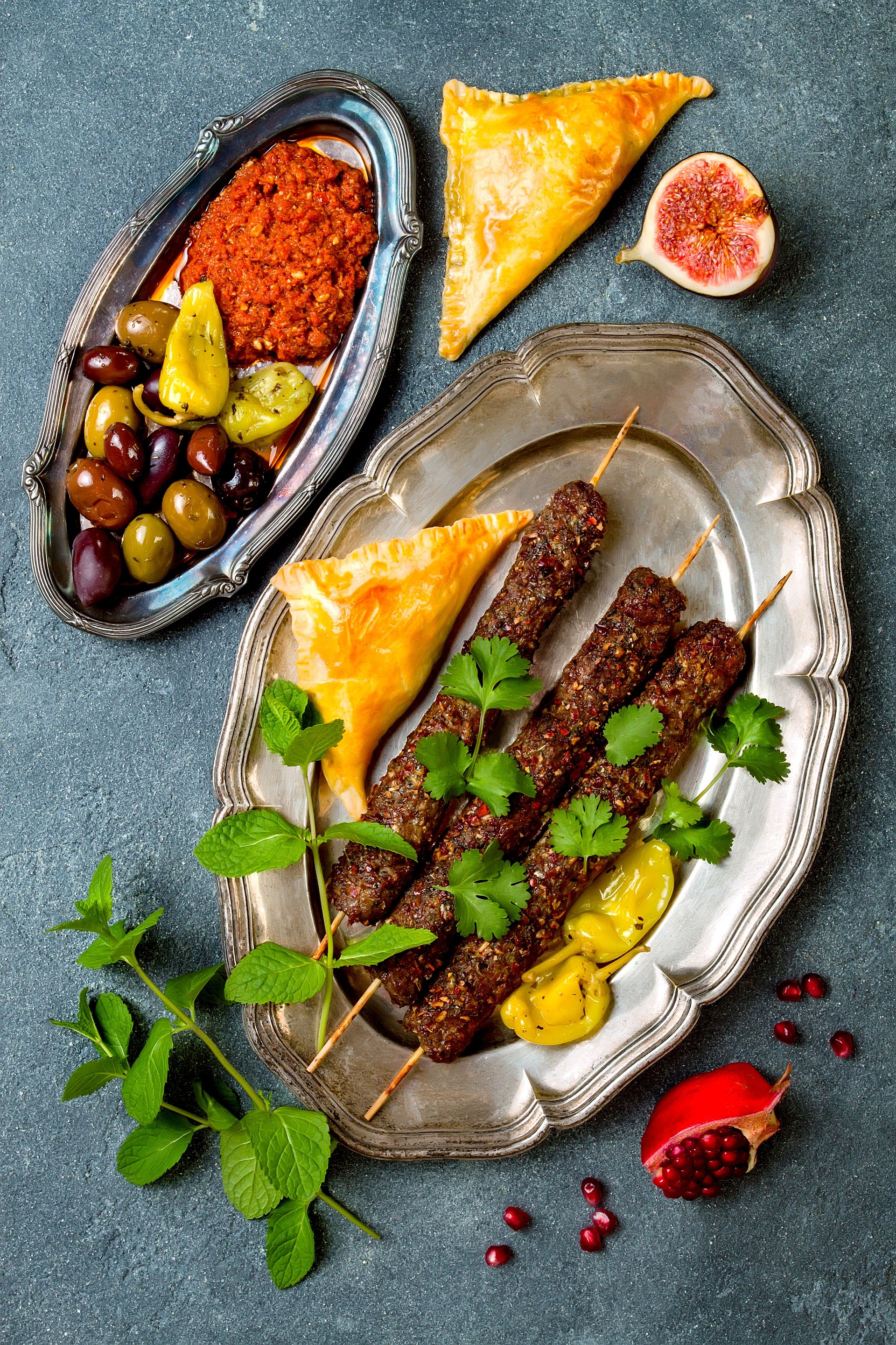 Middle Eastern traditional lamb kebab. Authentic arab cuisine. Top view, flat lay, overhead